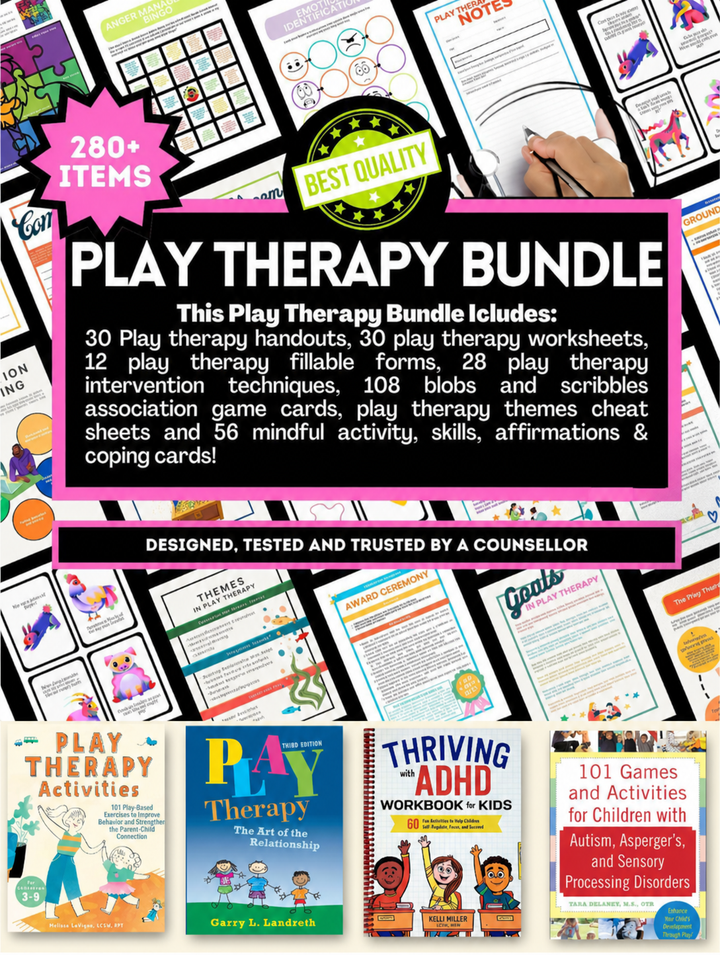 Play Therapy Bundle: Child Counselor Resources - Gestalt, SEL, Play-Based Techniques, Worksheets, Cheat Sheets, EQ, + 8 Books.
